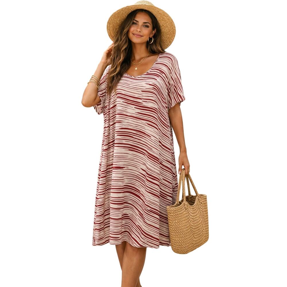Ava Sky Striped Midi Dress Size S Burgundy White Short Sleeve Hawaii Relaxed